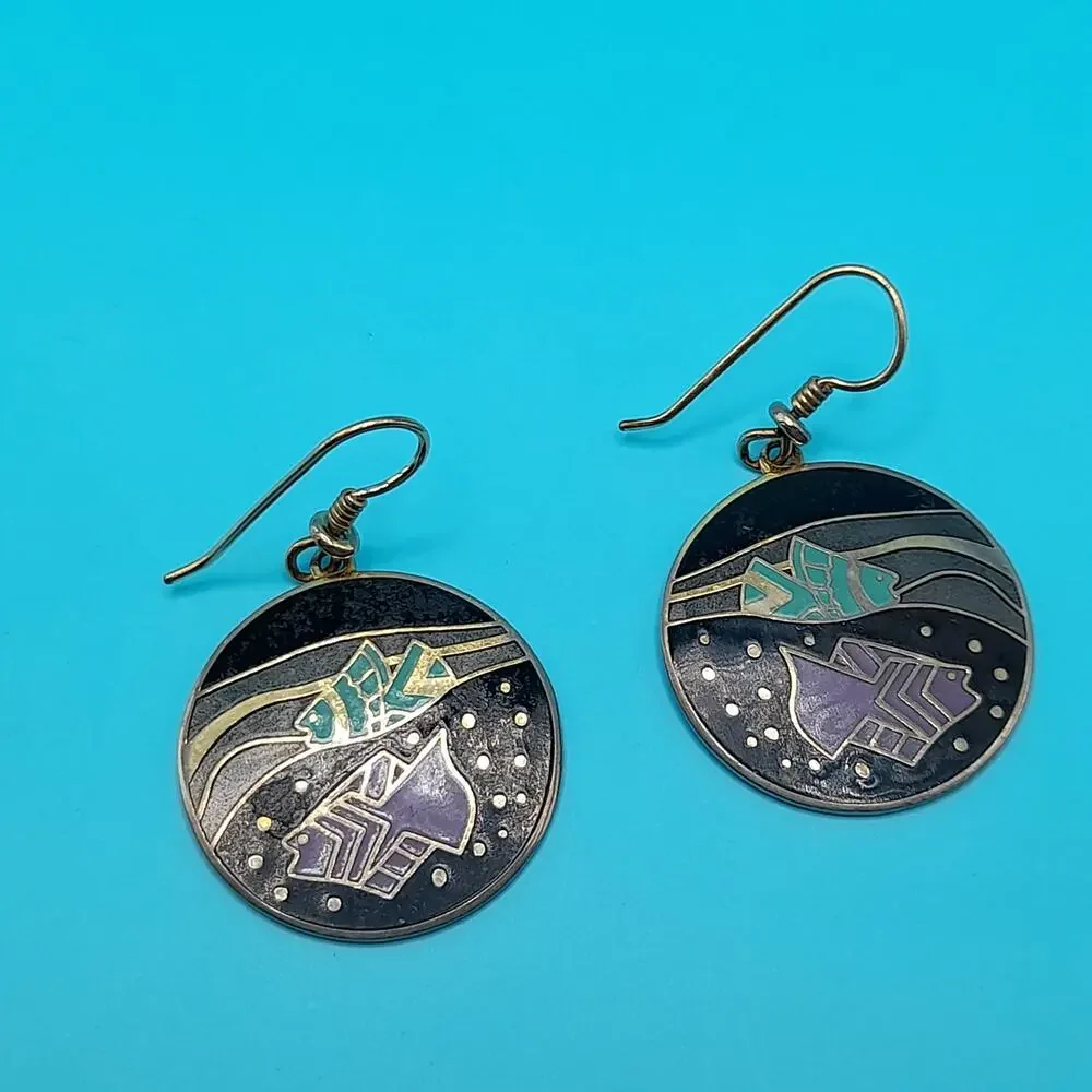 Vintage Laurel Burch Tropical Fish Drop Earrings, Cloisonné Enamel Gold Plated
